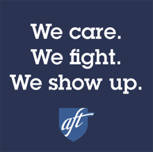 Square sticker: We care. We fight. We show up.