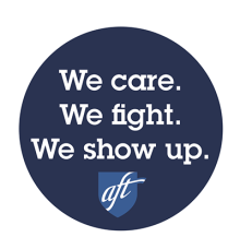 Round sticker: We care. We fight. We show up.